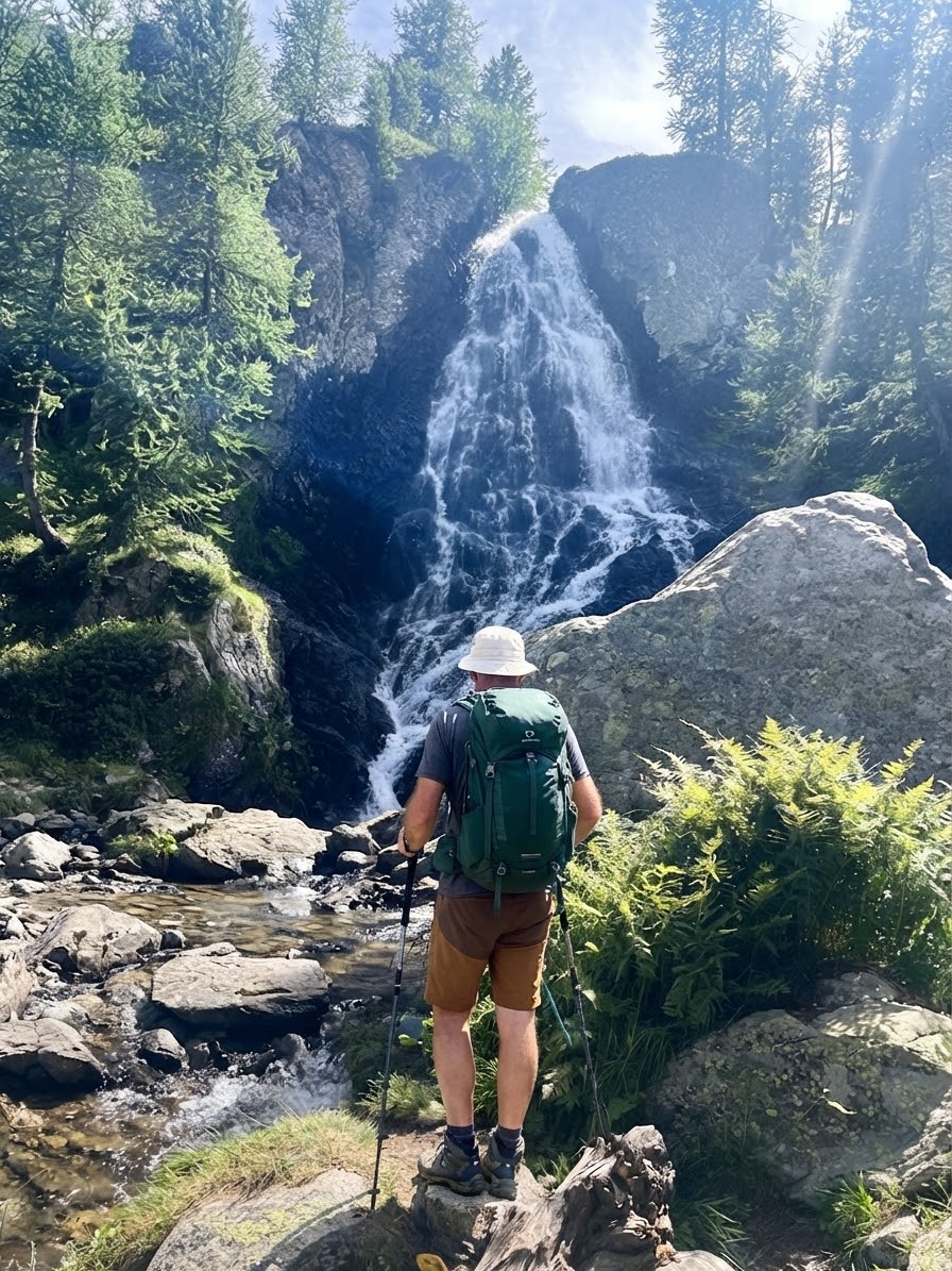Randonneur devant une cascade sur le parcours de la Valmasque